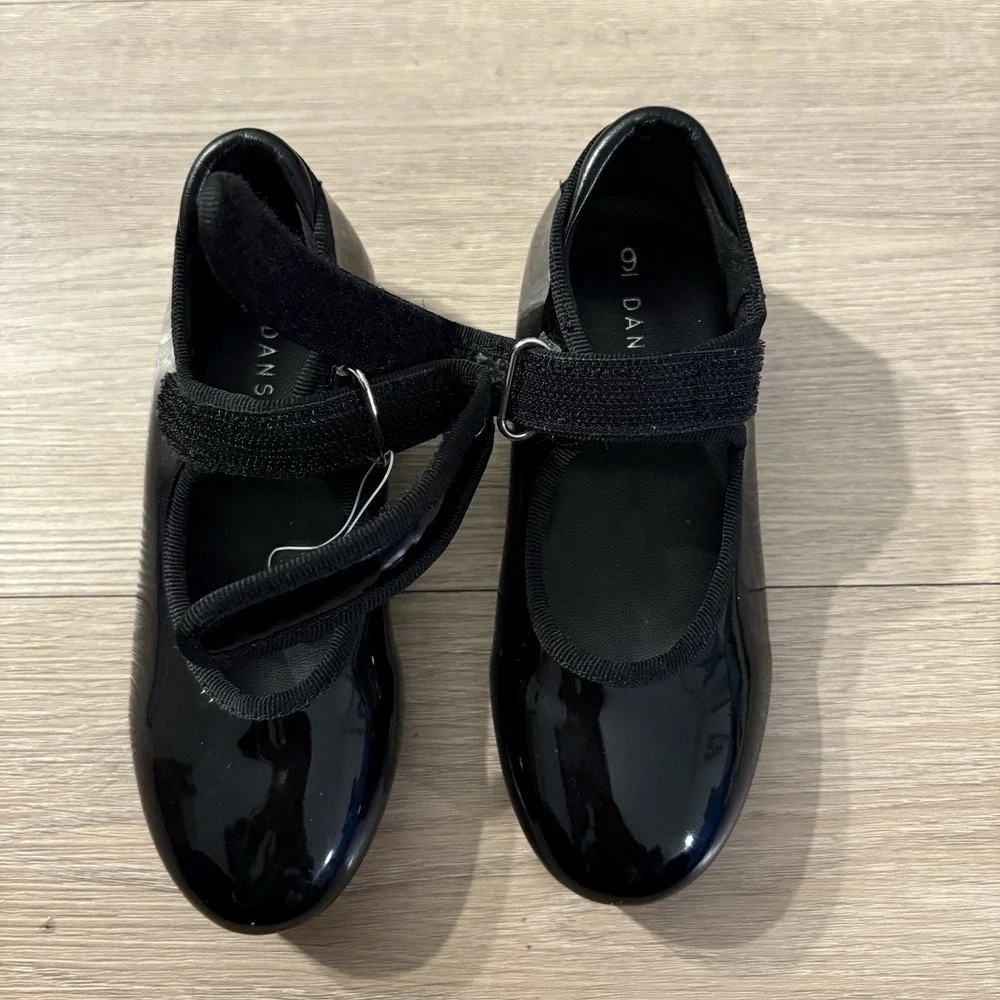 Danskin Girls Tap Dance Shoes Size 9 Black Silver Aluminum Plates